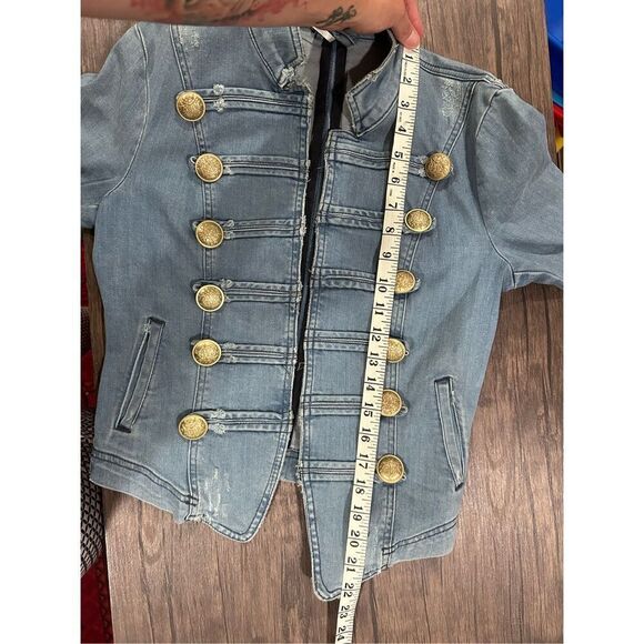 Free People Fitted Military Nautical Embellished Sleeves Jacket XS Denim - Picture 11 of 11